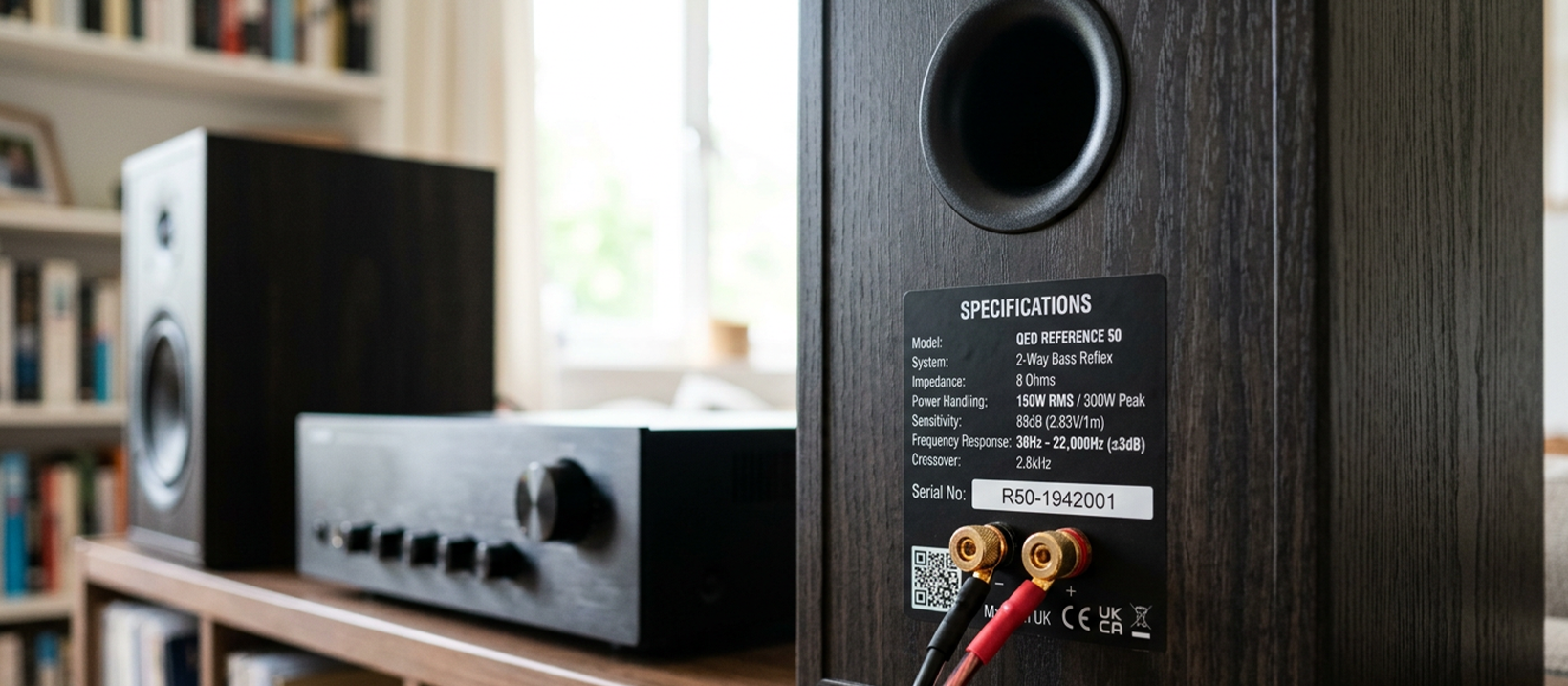 Speaker specification label showing frequency response and wattage figures